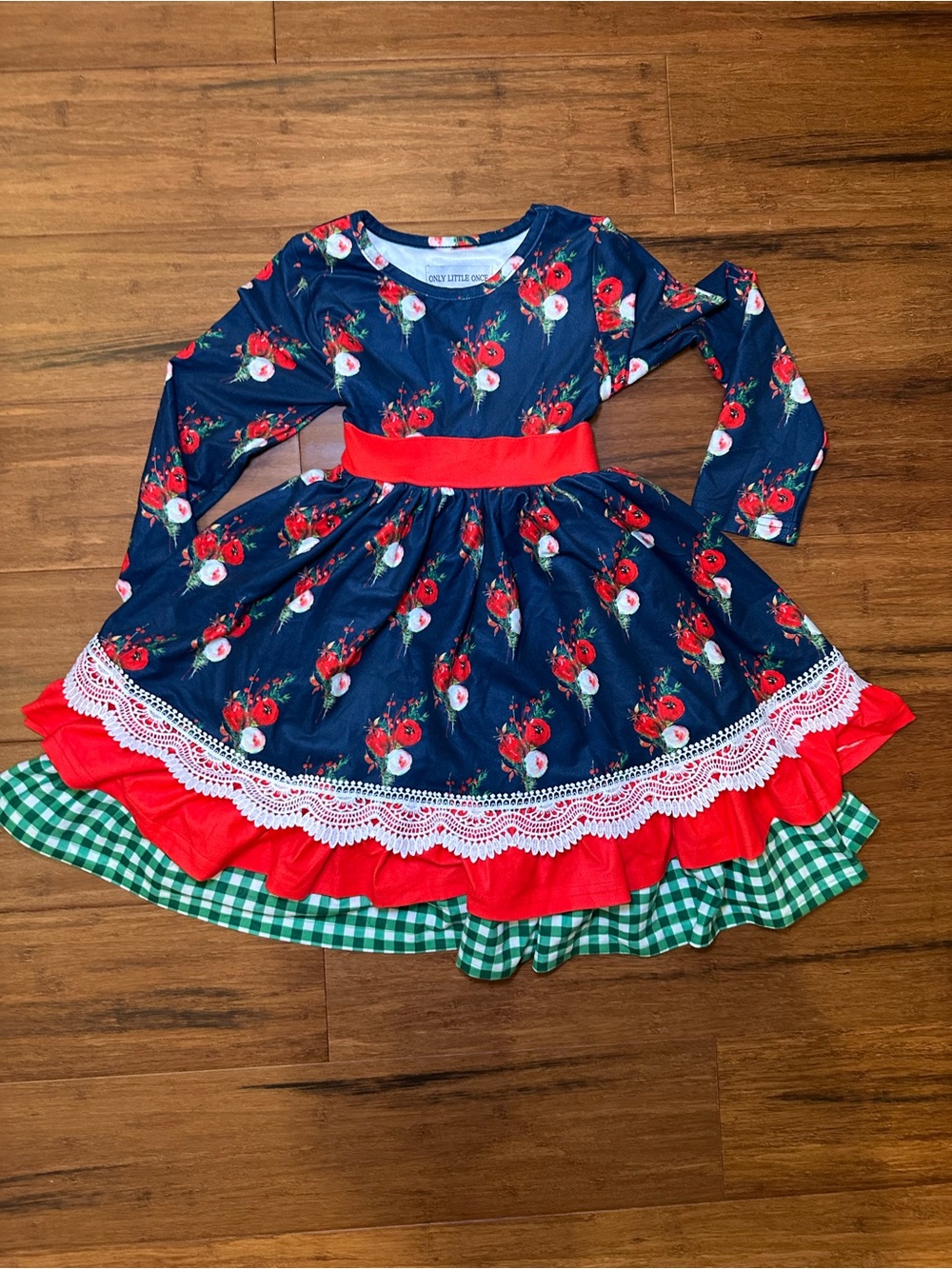 Only Little Once Girls Christmas Dress with Red & Cream Blooms Size 5